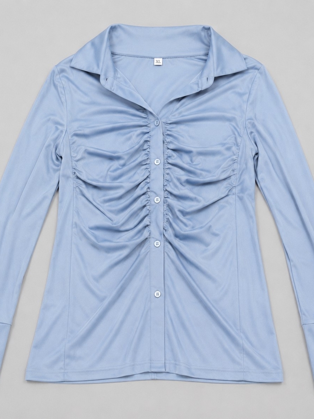 Light Blue Ruched Button-Front Women's Top